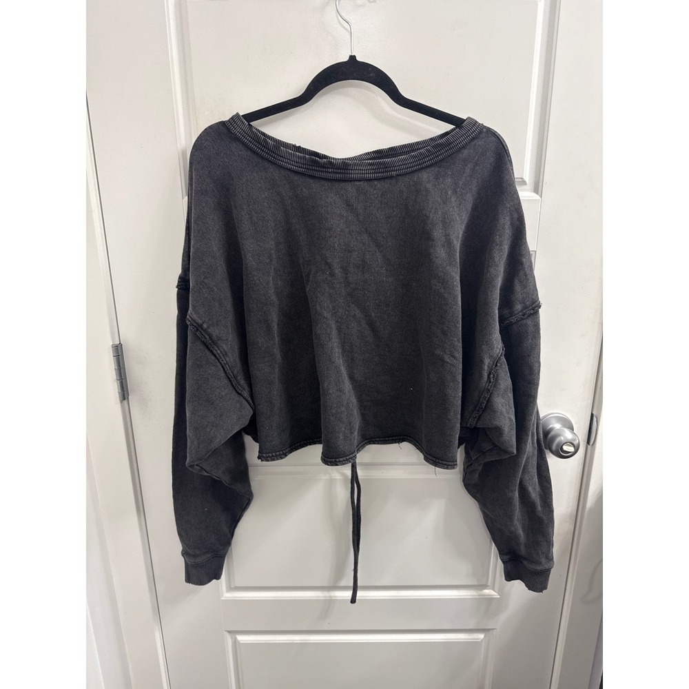 Free People Movement Cinch Front Cropped Sweatshirt Washed Black Small Cotton